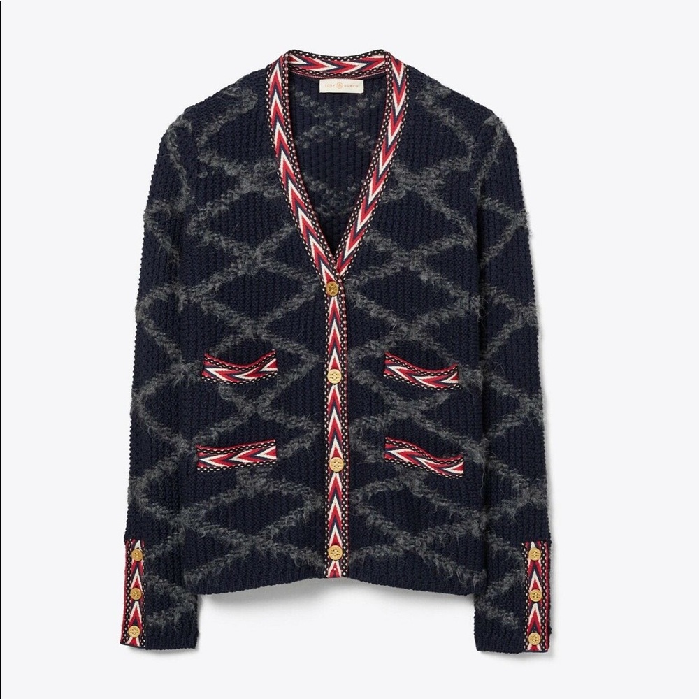 NWT $698 Tory Burch Tweed Trim Cardigan Sweater Coat